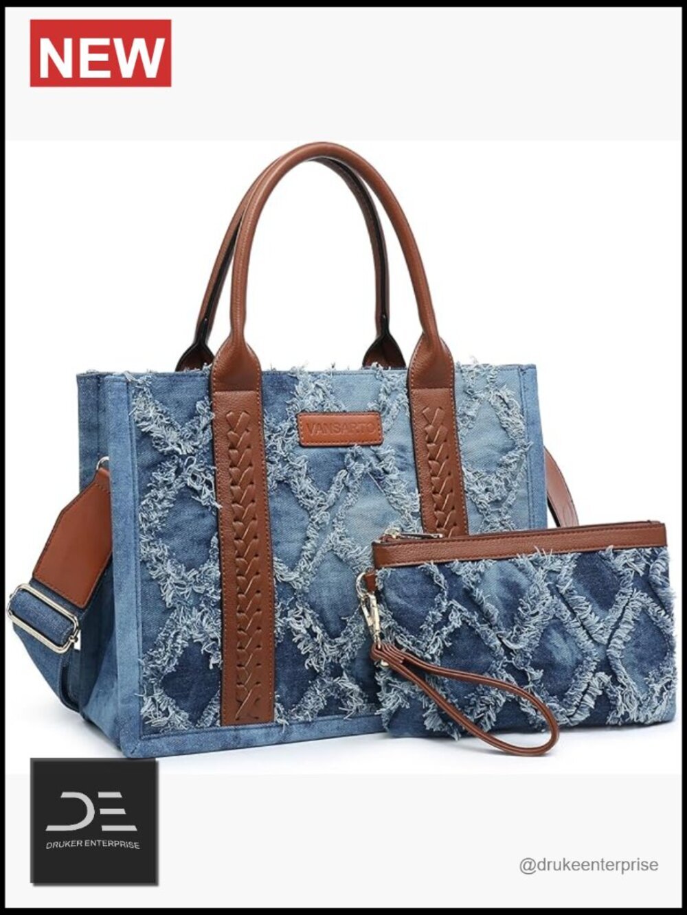 Vegan Leather Denim Tote Bag Satchel Purse Boho Shoulder Handbag with Wristlet